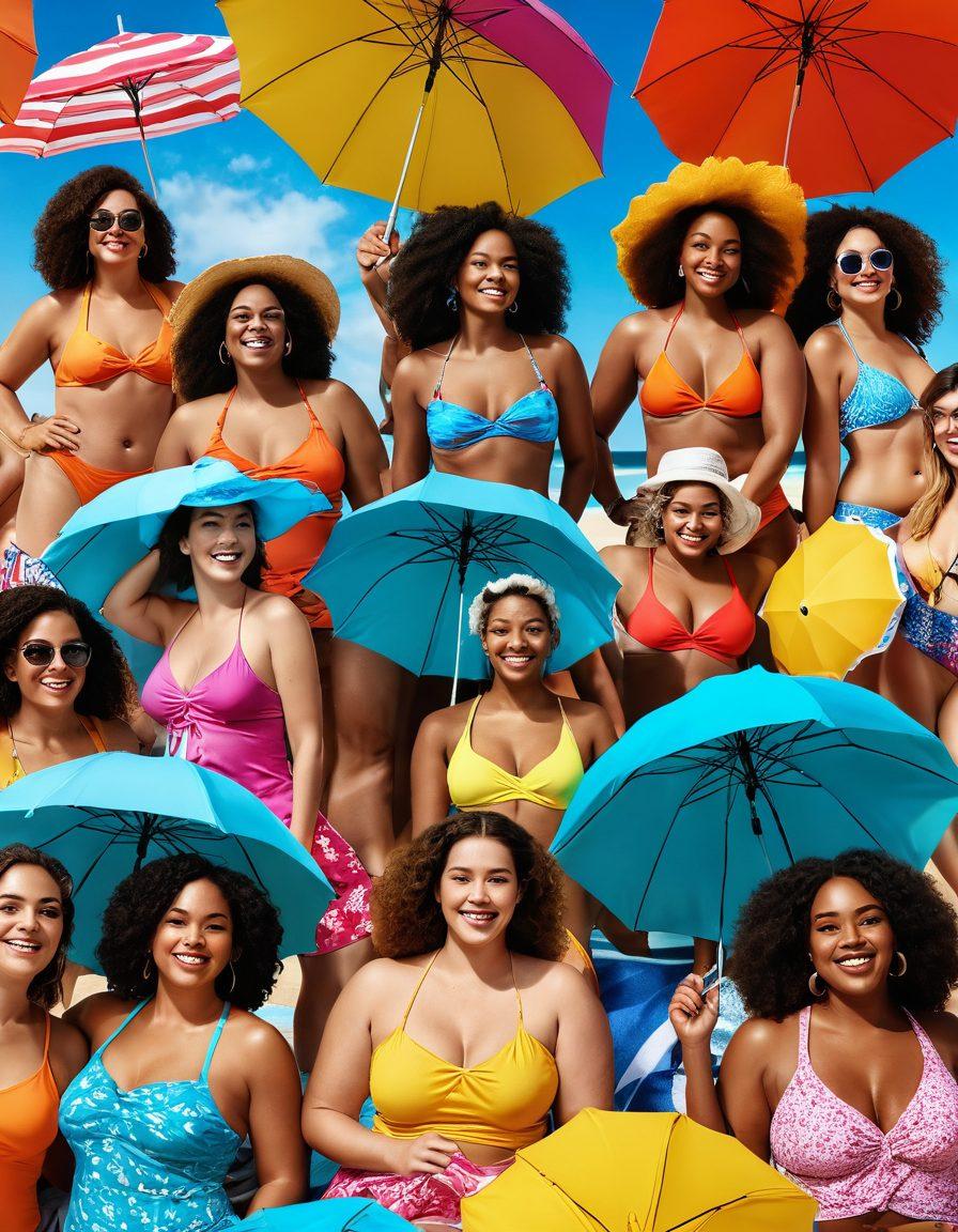 A vibrant beach scene showcasing diverse individuals of all body types confidently wearing trendy swimwear, with colorful umbrellas and beach towels in the background. Capture joyful expressions and a sense of community, highlighting the essence of body positivity. Include gentle waves and a bright sunny sky for a cheerful atmosphere. super-realistic. vibrant colors. 3D.