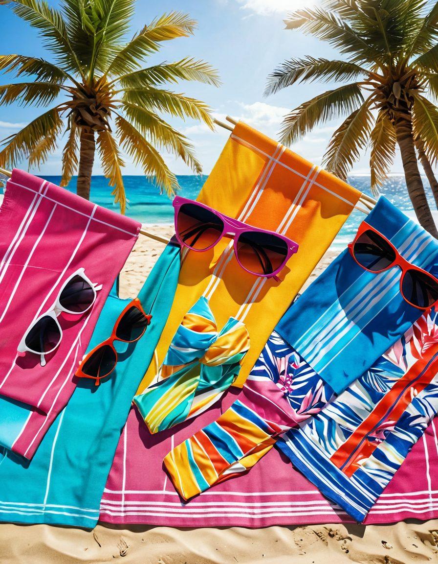 A vibrant beach scene showcasing various fashionable bikinis displayed on colorful beach towels. Sunlight glints off the water, creating a warm, inviting atmosphere with palm trees swaying in the background. Include diverse models confidently showcasing the latest bikini trends, surrounded by beach accessories like sunglasses, hats, and umbrellas. The colors should be bright and cheerful, reflecting the summer vibe. super-realistic. vibrant colors. 3D.